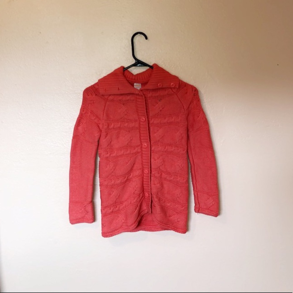 Coral button up coat with a button up turtleneck
